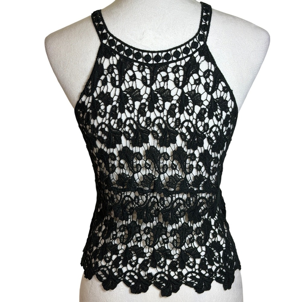 Black Crochet Lace Boho Halter Top Womens S Festival Goth Sheer Guipure Floral - Picture 11 of 11